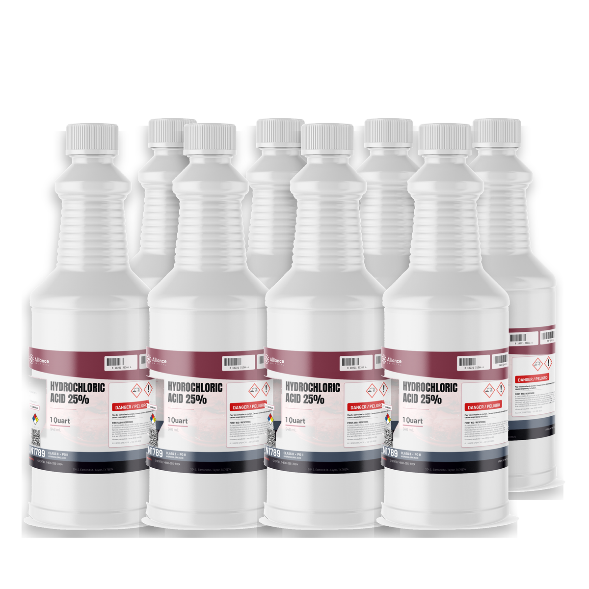 Hydrochloric Acid 25% Technical Grade, eight 1-quart plastic bottles, Alliance Chemical