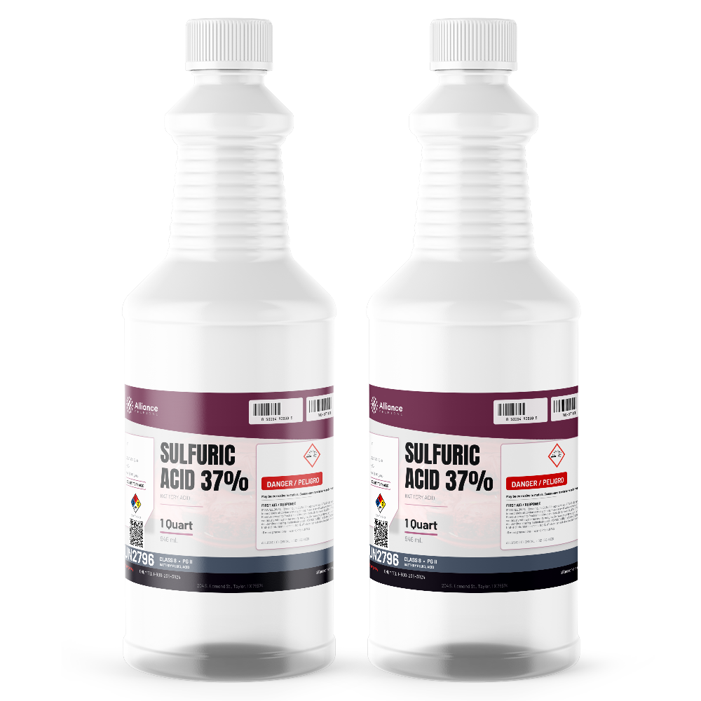 Sulfuric acid 37% technical grade in two 1-quart bottles for battery electrolyte maintenance, Alliance Chemical