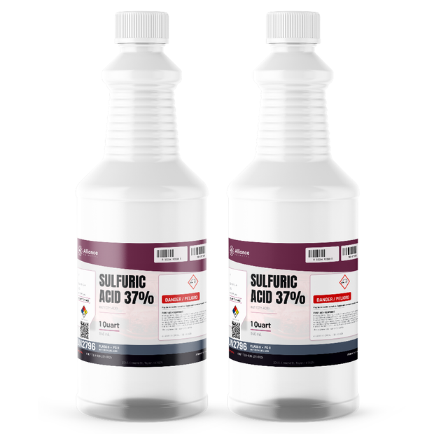 Sulfuric acid 37% technical grade in two 1-quart bottles for battery electrolyte maintenance, Alliance Chemical