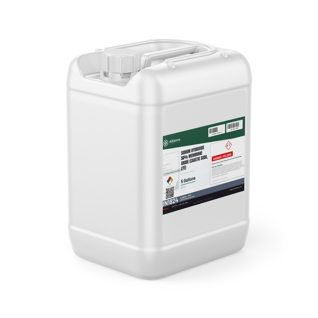 Sodium Hydroxide 50% Membrane Grade liquid solution in a 5-gallon jerry can, Alliance Chemical