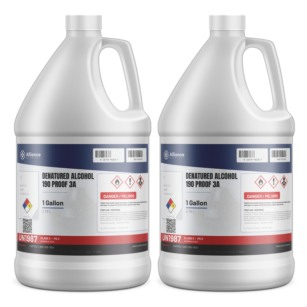 Denatured Alcohol 190 Proof 3A Technical Grade two 1-gallon jugs Alliance Chemical