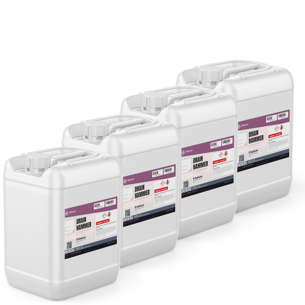 Technical grade sulfuric acid in four 5-gallon plastic jugs from Alliance Chemical for drain clearing