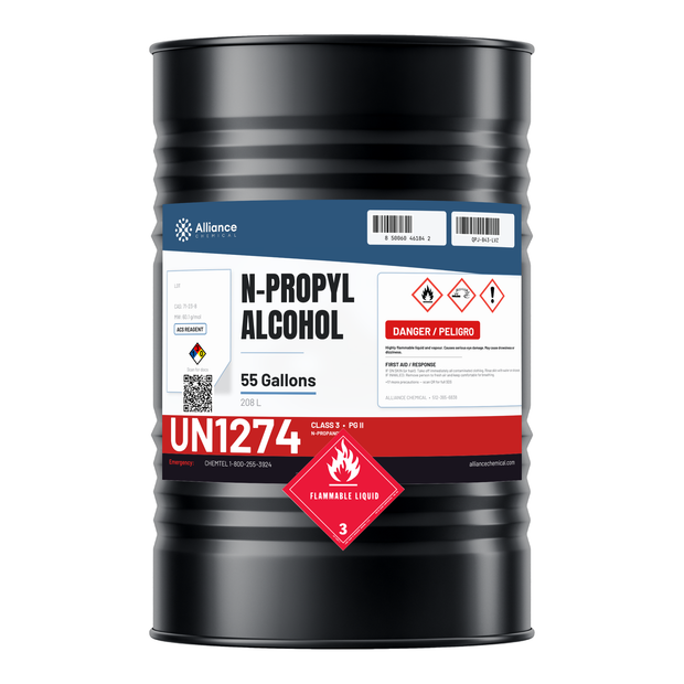 N-propyl alcohol ACS reagent grade in a 55-gallon black steel drum from Alliance Chemical