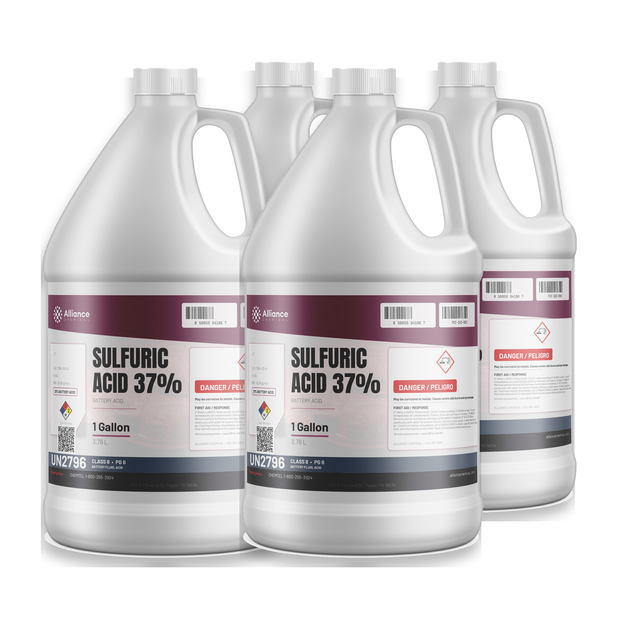 Sulfuric Acid 37% Technical Grade Battery Acid in four 1-gallon plastic jugs, Alliance Chemical