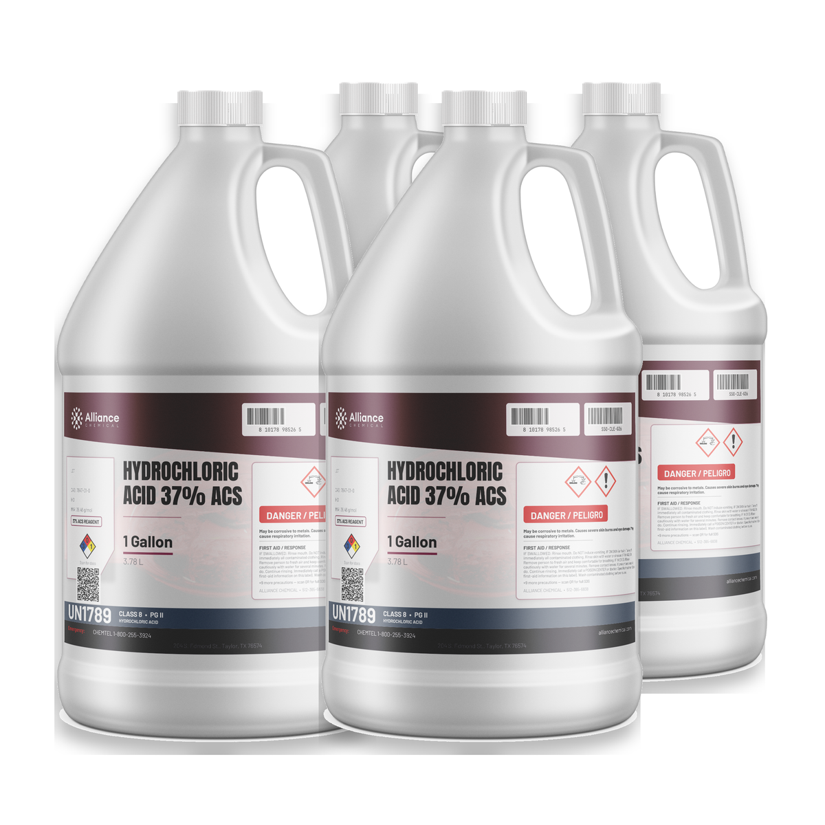 Hydrochloric Acid 37% ACS Reagent Grade in four 1-gallon plastic jugs from Alliance Chemical