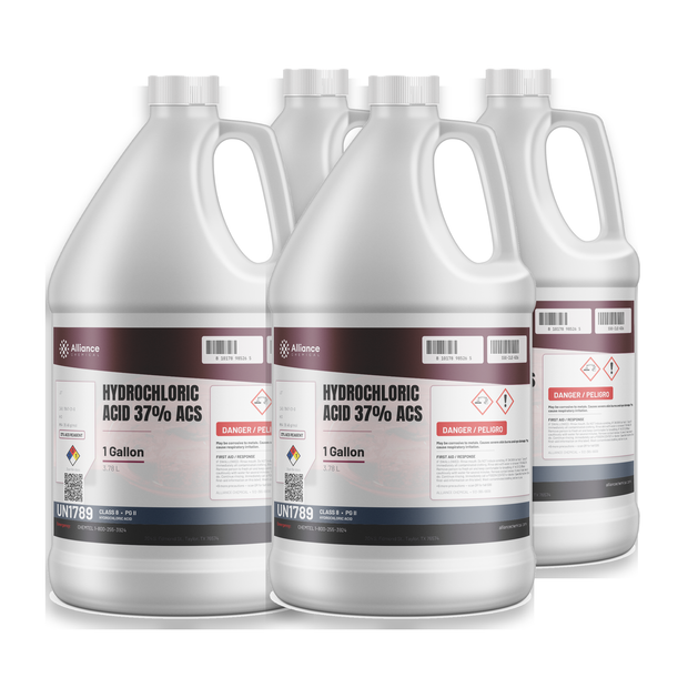 Hydrochloric Acid 37% ACS Reagent Grade in four 1-gallon plastic jugs from Alliance Chemical