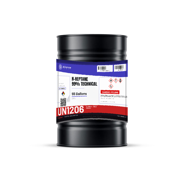 n-Heptane 99% Technical Grade in a 55-gallon metal drum for industrial extraction from Alliance Chemical