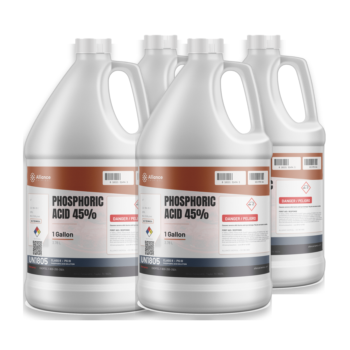 Phosphoric Acid 45% Technical Grade in four 1-gallon plastic jugs from Alliance Chemical