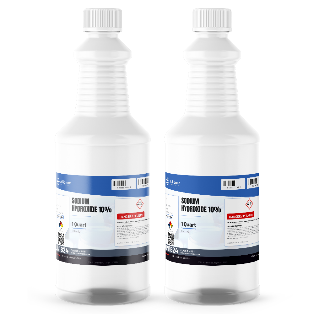Sodium Hydroxide 10% Technical Grade, two 1-quart white plastic bottles, Alliance Chemical