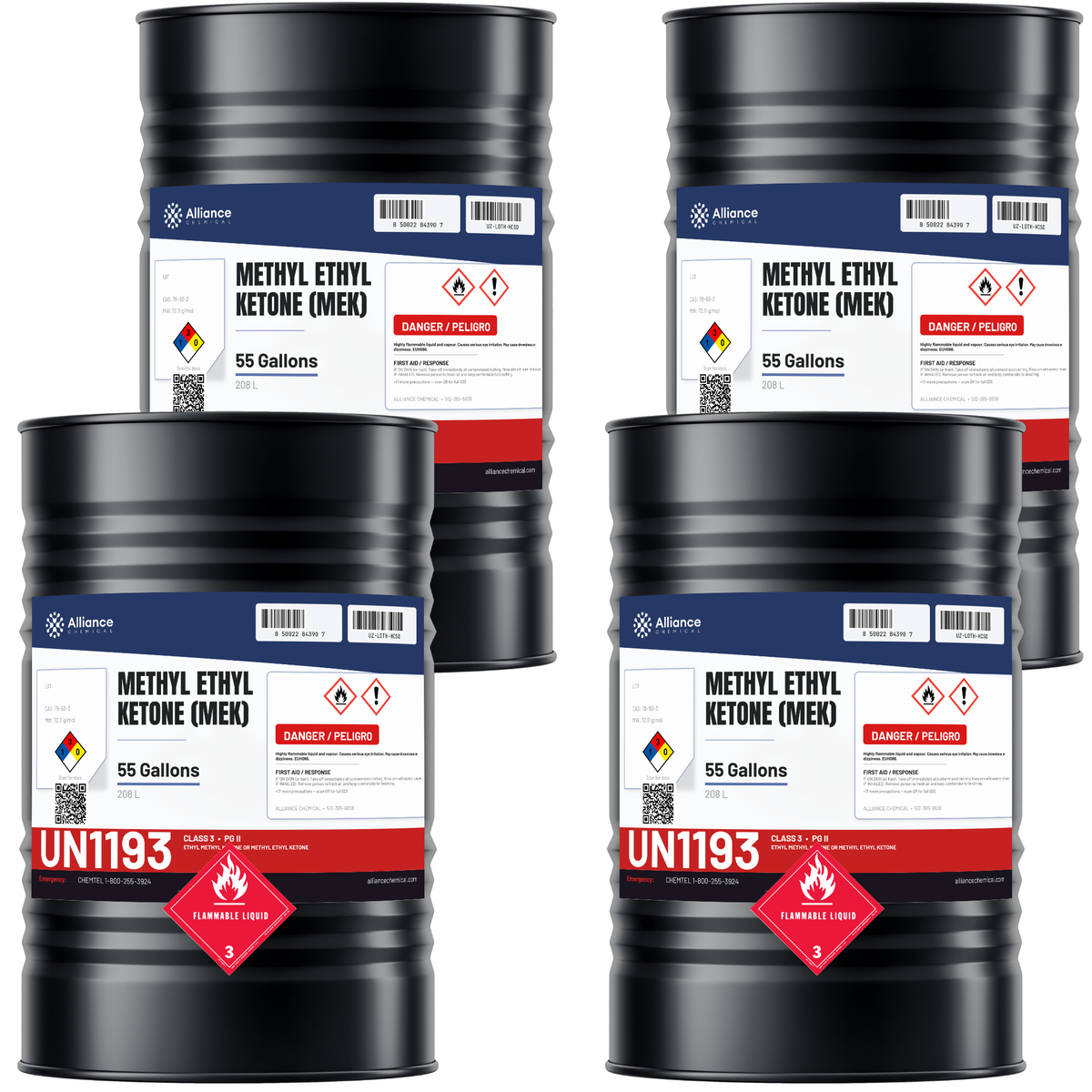 Methyl Ethyl Ketone technical grade in four 55-gallon drums from Alliance Chemical for coatings and adhesive formulations