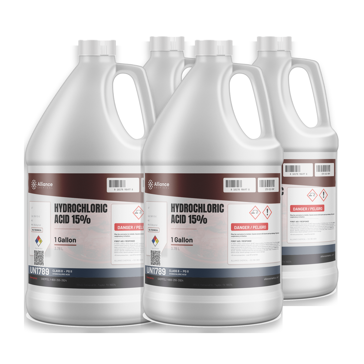Hydrochloric Acid 15% Technical Grade in four 1-gallon jugs from Alliance Chemical for metal pickling and pH adjustment