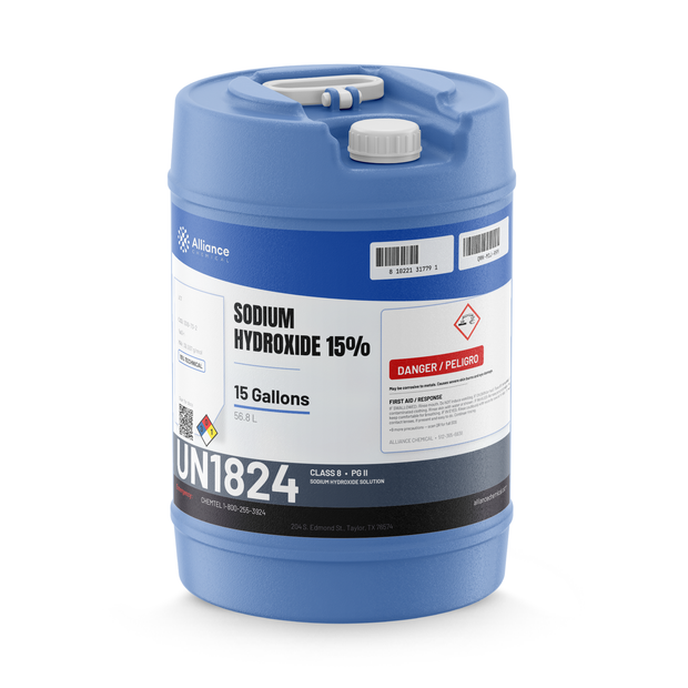 Sodium Hydroxide 15% Technical Grade in a 15-gallon blue carboy for water treatment by Alliance Chemical