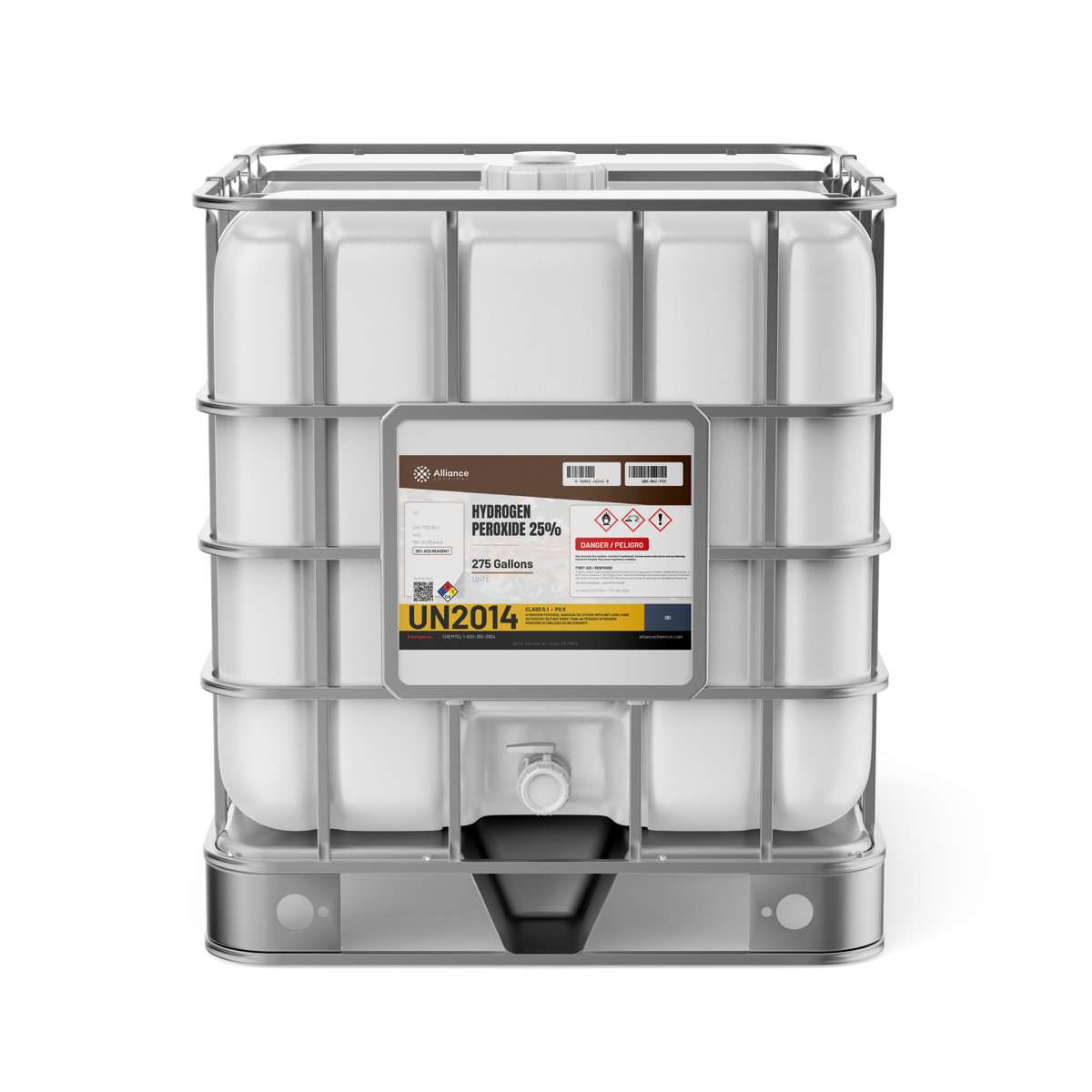 Hydrogen Peroxide 25% ACS Grade in a 275-gallon IBC tote for chemical synthesis, Alliance Chemical