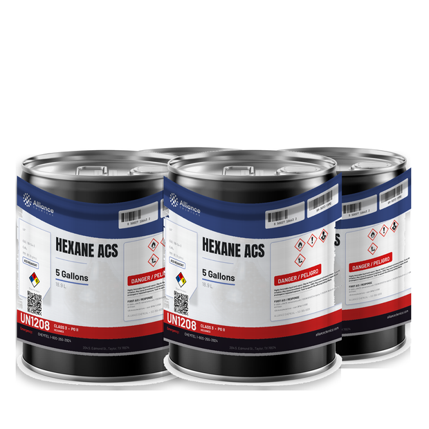 Hexane ACS Reagent Grade in four 5-gallon pails, Alliance Chemical for solvent extraction and precision degreasing