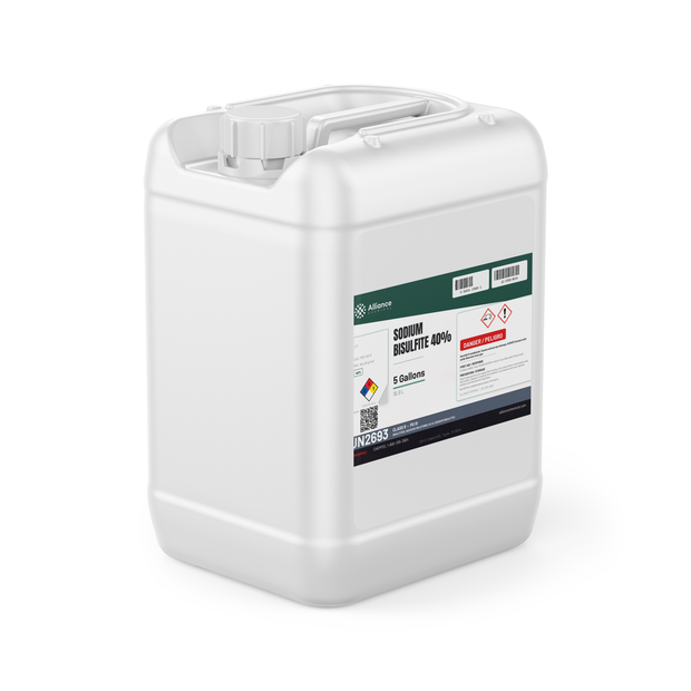 Sodium Bisulfite 40% Technical Grade in a 5-gallon jerry can from Alliance Chemical for industrial wastewater dechlorination