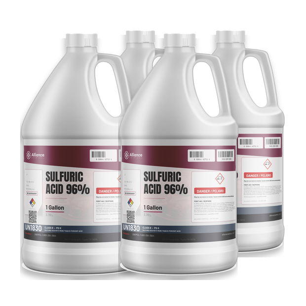 Sulfuric Acid 96% ACS Grade in four 1-gallon plastic jugs for chemical synthesis and metal pickling, Alliance Chemical
