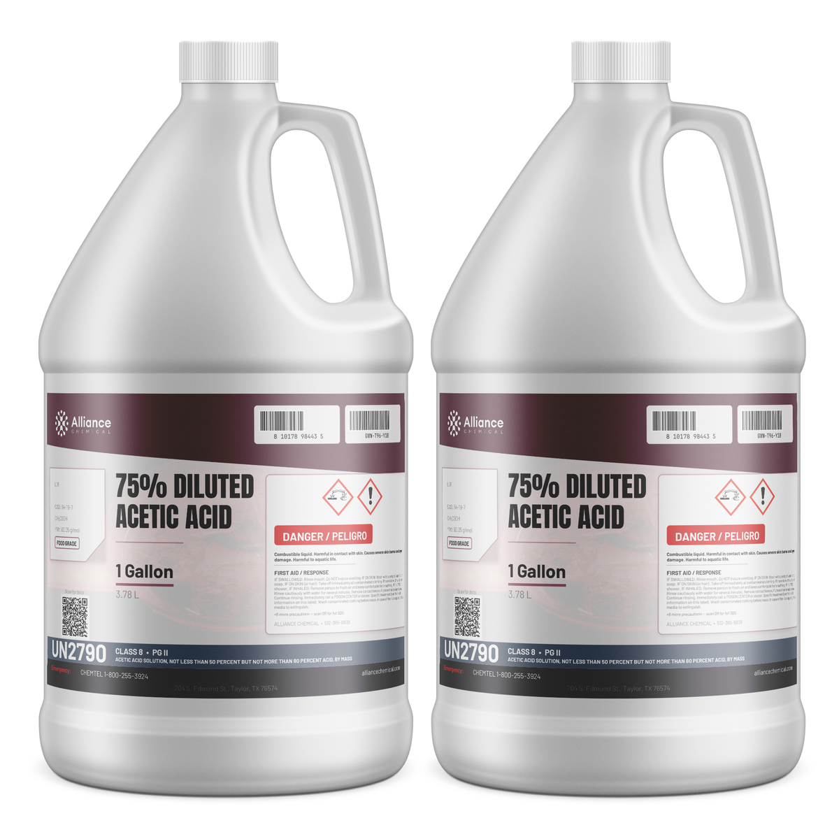 75% diluted food grade acetic acid in two 1-gallon plastic jugs from Alliance Chemical