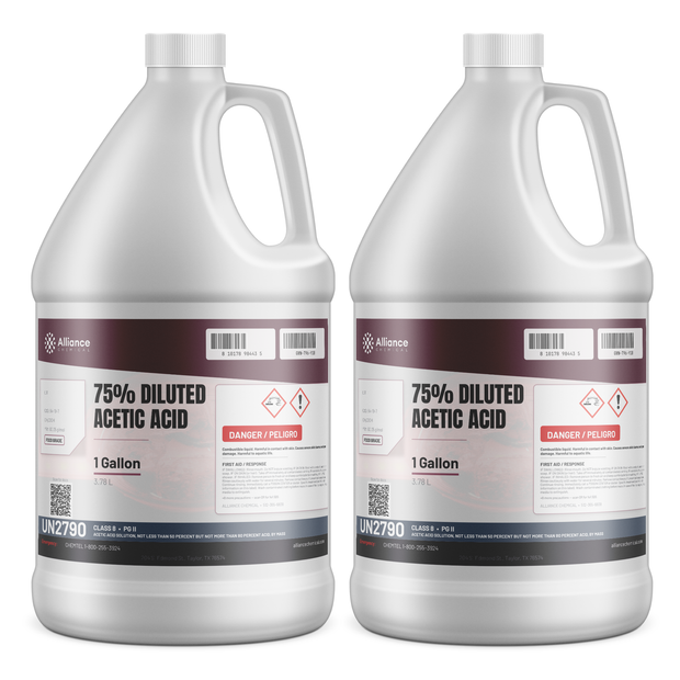 75% diluted food grade acetic acid in two 1-gallon plastic jugs from Alliance Chemical