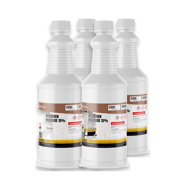 Hydrogen Peroxide 15% Technical Grade in four 1-quart plastic bottles, Alliance Chemical