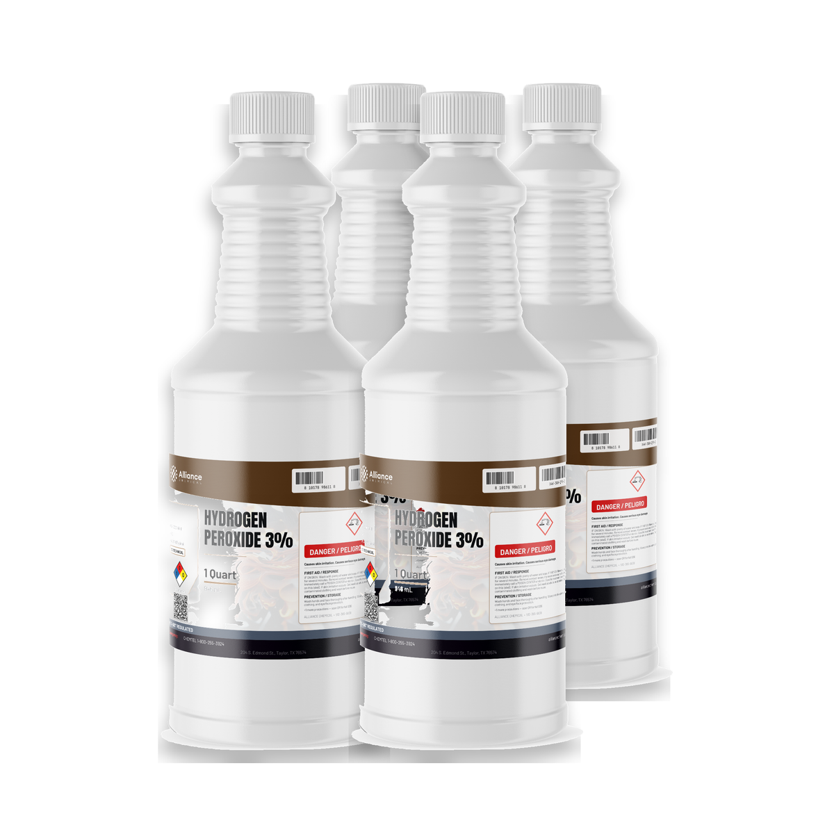 Hydrogen Peroxide 3% Technical Grade in four 1-quart plastic bottles from Alliance Chemical