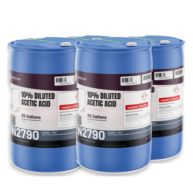 10% acetic acid food grade in four 55-gallon blue drums, Alliance Chemical for industrial pH adjustment