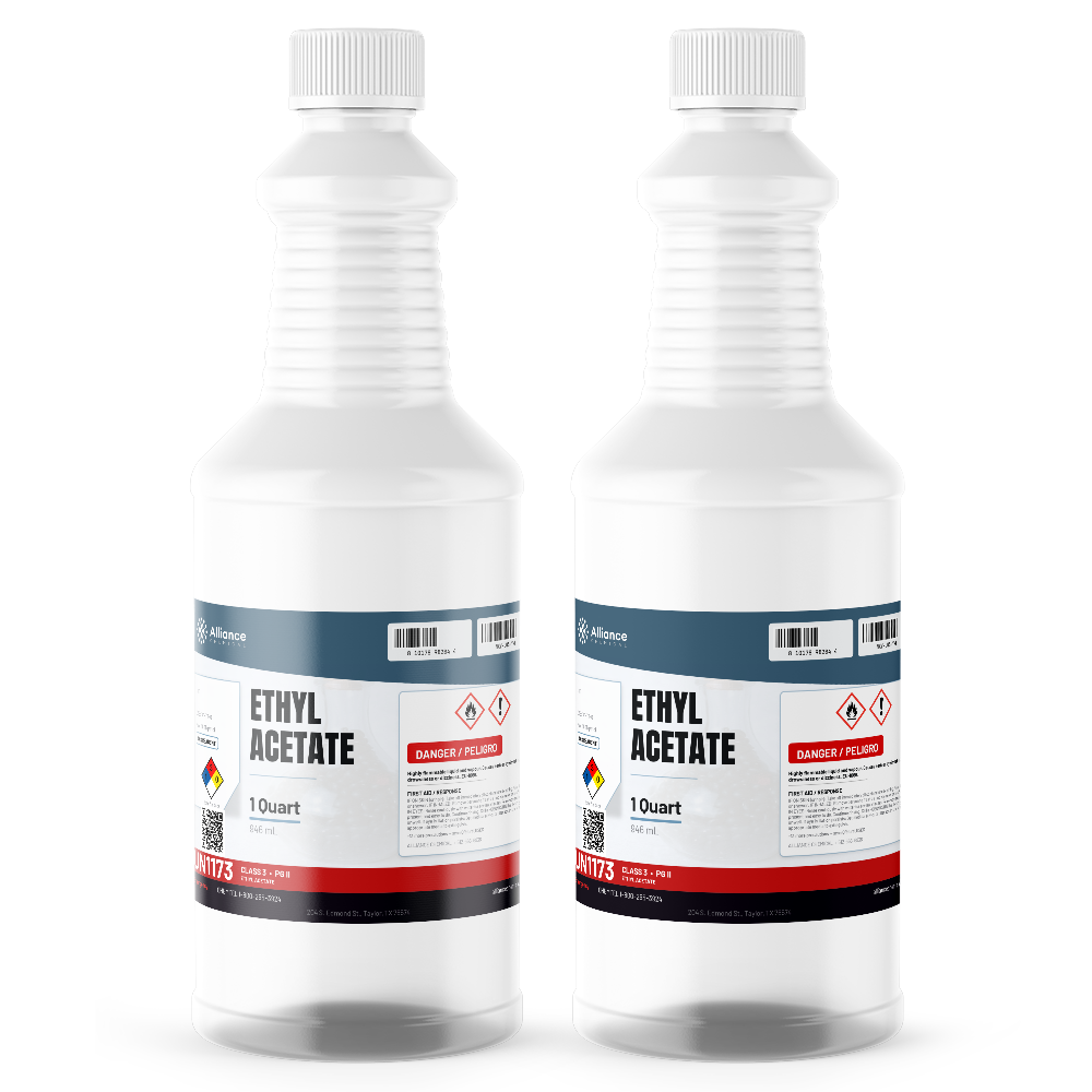 Ethyl Acetate ACS Reagent Grade in two 1-quart plastic bottles from Alliance Chemical for laboratory separations and coatings