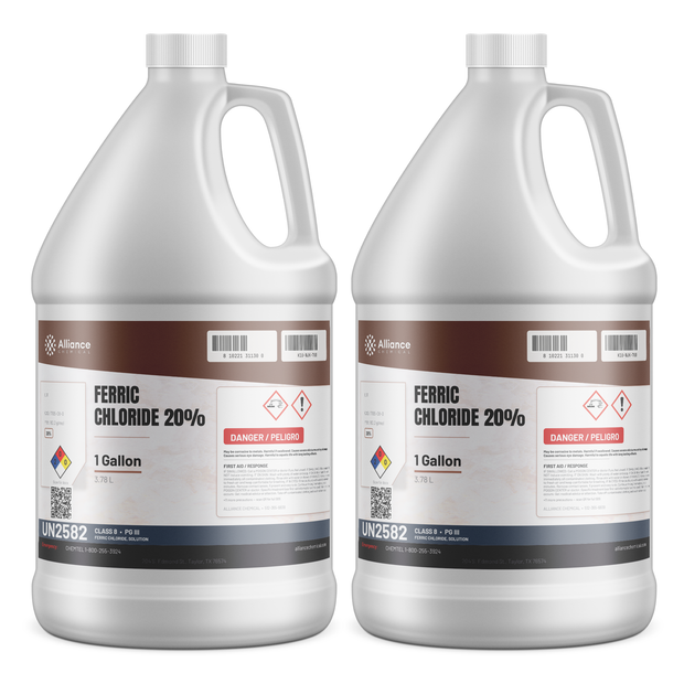 Ferric Chloride 20% Technical Grade liquid in two 1-gallon plastic jugs, Alliance Chemical