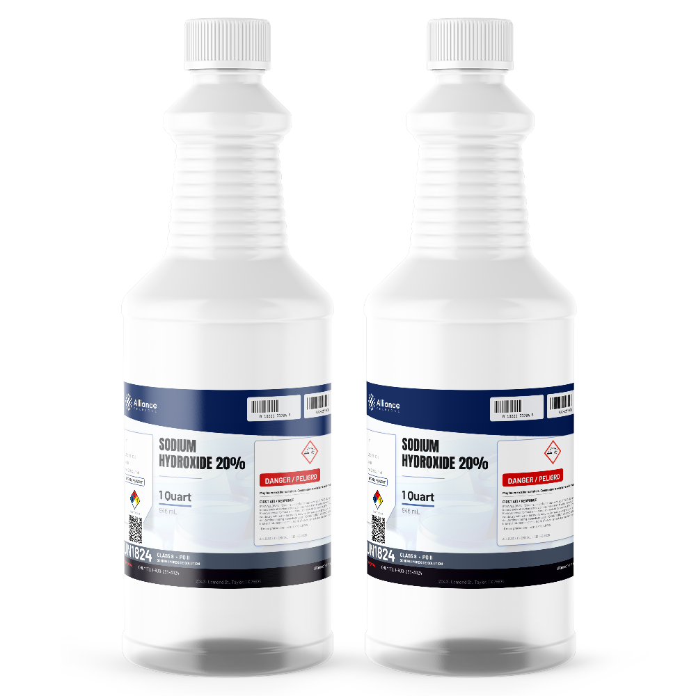 Sodium Hydroxide 20% ACS Grade solution in two 1-quart plastic bottles, Alliance Chemical