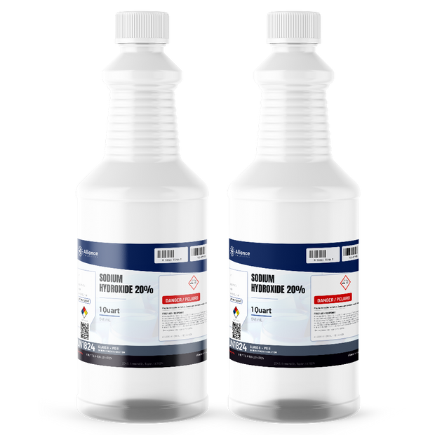 Sodium Hydroxide 20% ACS Grade solution in two 1-quart plastic bottles, Alliance Chemical