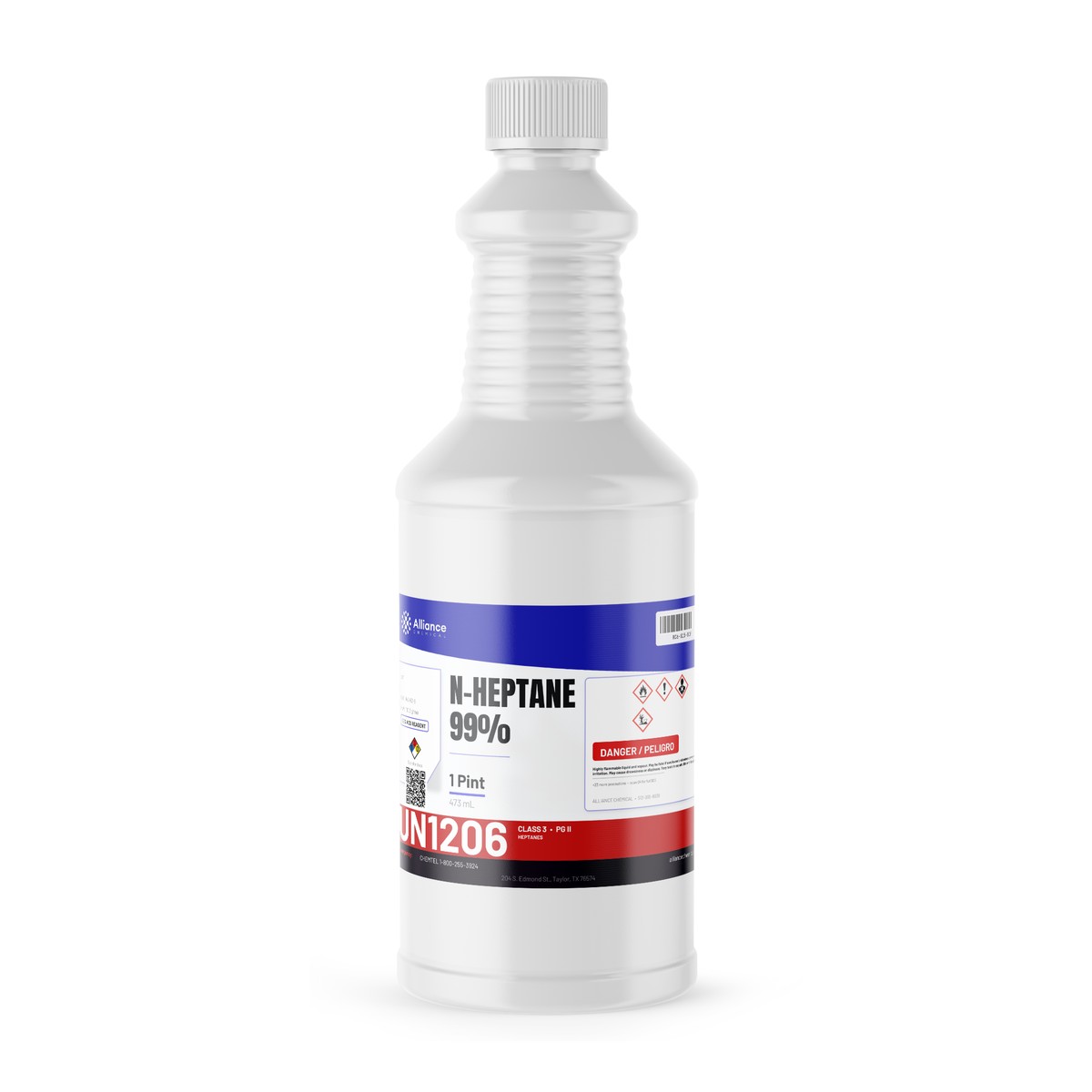 n-Heptane 99% ACS Reagent Grade in a 1-pint plastic bottle from Alliance Chemical for laboratory chromatography and extraction
