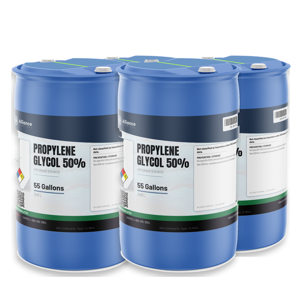 Propylene Glycol 50% USP Grade, four blue 55-gallon plastic drums, Alliance Chemical