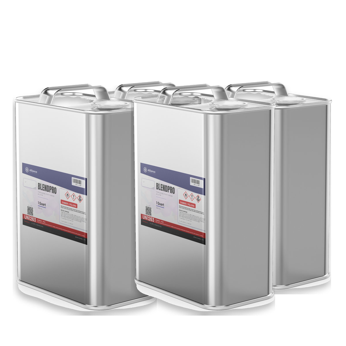 Blendpro Paint Thinner in four 1-quart metal cans for paint thinning and spray gun cleanup, Alliance Chemical
