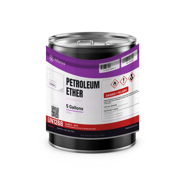 Petroleum Ether Technical Grade in a 5-gallon metal pail from Alliance Chemical for parts degreasing