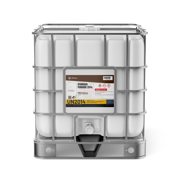 Hydrogen Peroxide 25% ACS Grade in a caged 330-gallon IBC tote, Alliance Chemical