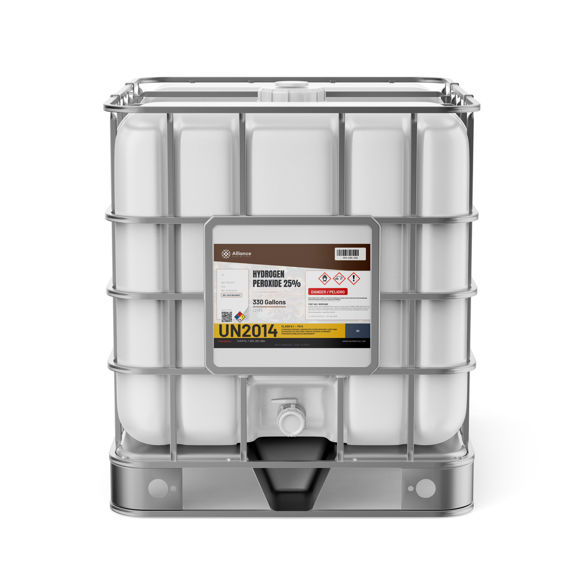 Hydrogen Peroxide 25% ACS Grade in a 330-gallon IBC tote from Alliance Chemical for chemical synthesis and bleaching