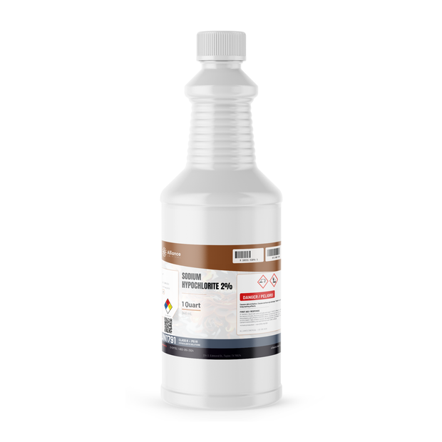 Sodium Hypochlorite 2% Technical Grade in a 1-quart plastic bottle, Alliance Chemical