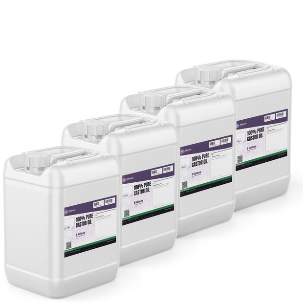 100% pure castor oil ACS grade in four white 5-gallon plastic pails, Alliance Chemical