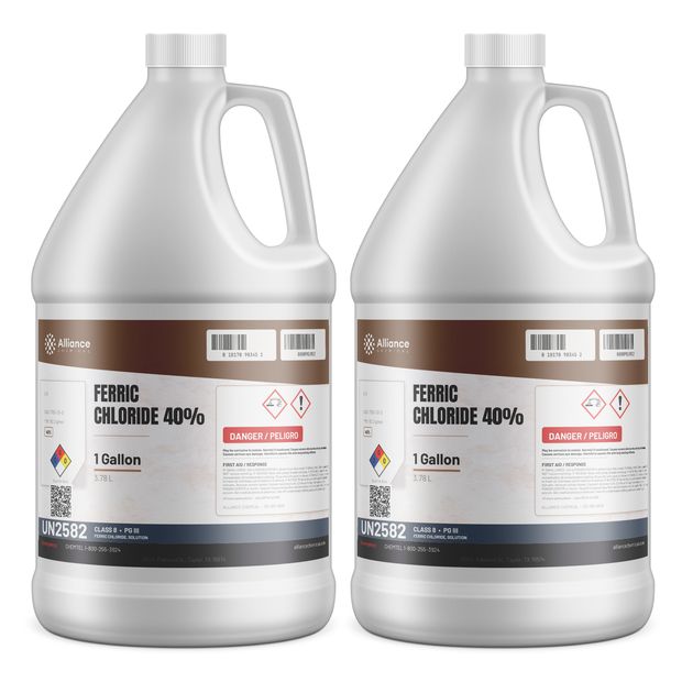 Ferric Chloride 40% Technical Grade, two 1-gallon jugs, Alliance Chemical for PCB etching and wastewater treatment
