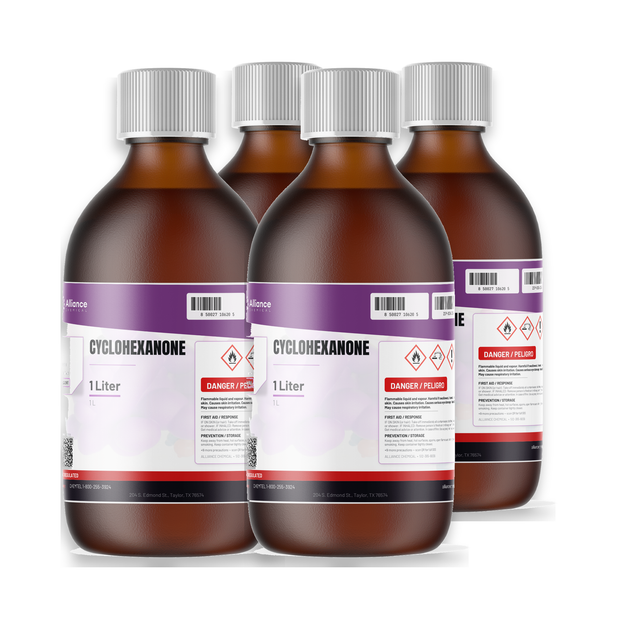 Cyclohexanone ACS grade in four 1-liter amber glass bottles, Alliance Chemical for polymer synthesis