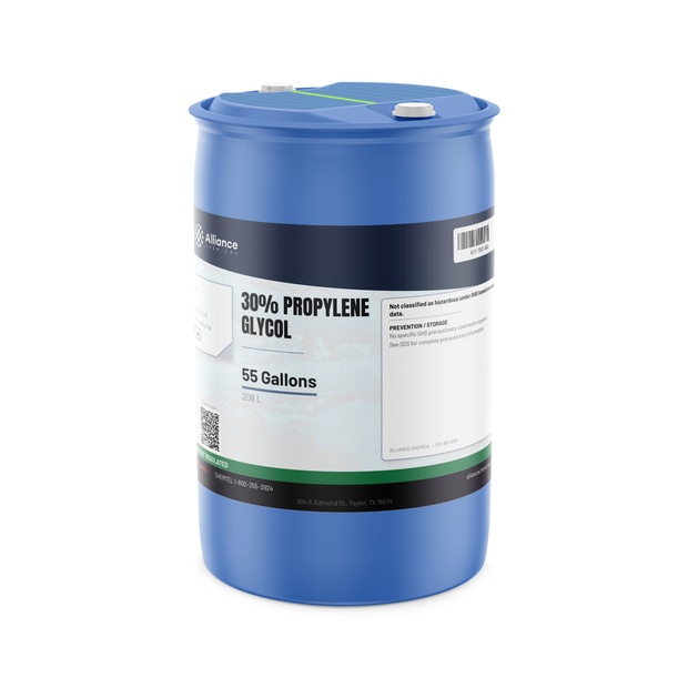 30% Propylene Glycol USP Grade in a 55-gallon blue poly drum from Alliance Chemical