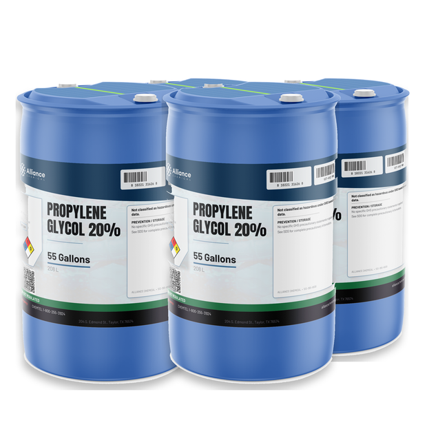Propylene Glycol 20% USP Grade in four 55-gallon blue plastic drums, Alliance Chemical