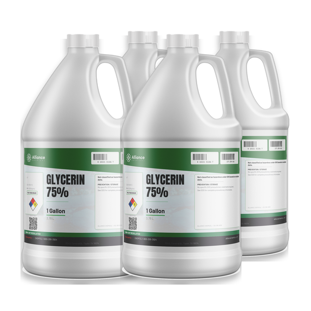 Glycerin 75% Food Grade liquid in four 1-gallon plastic jugs, supplied by Alliance Chemical for food and beverage formulation