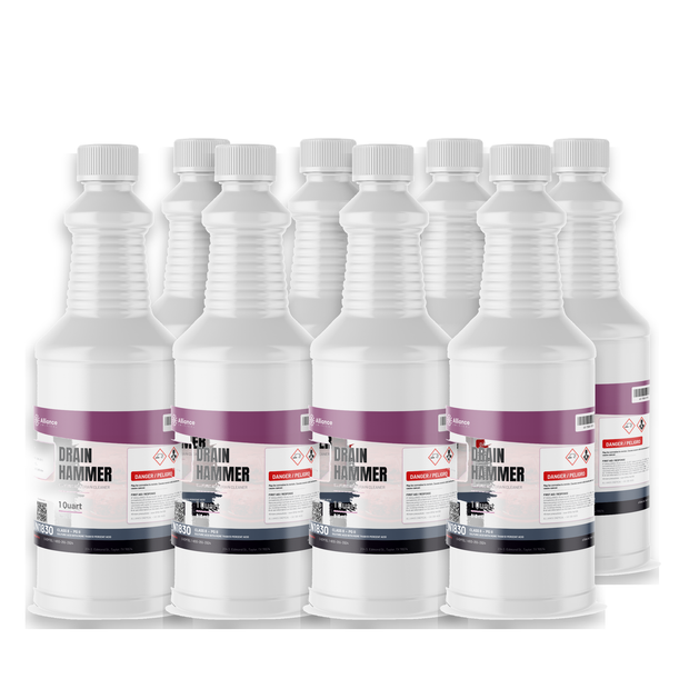 Sulfuric Acid Technical Grade Drain Cleaner, eight 1-quart bottles for plumbing drain clearing, Alliance Chemical
