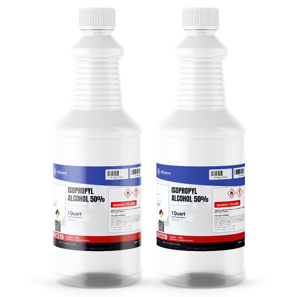 Isopropyl Alcohol 50% USP Grade in two 1-quart white plastic bottles, Alliance Chemical