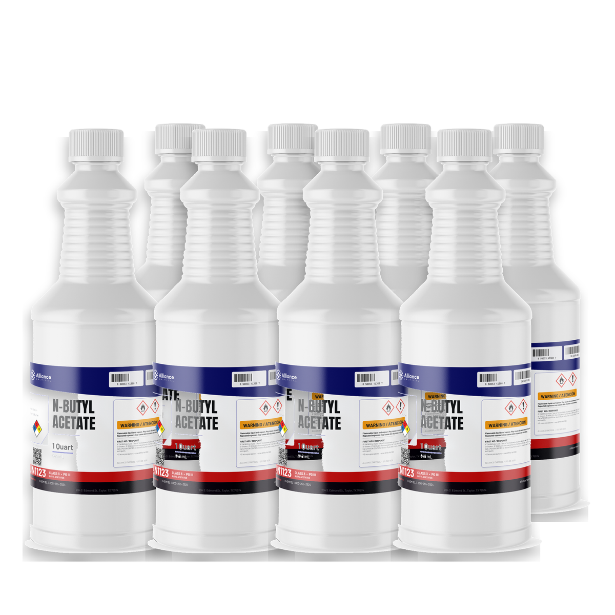 N-Butyl Acetate Technical Grade, eight 1-quart plastic bottles, Alliance Chemical for industrial coatings and adhesives