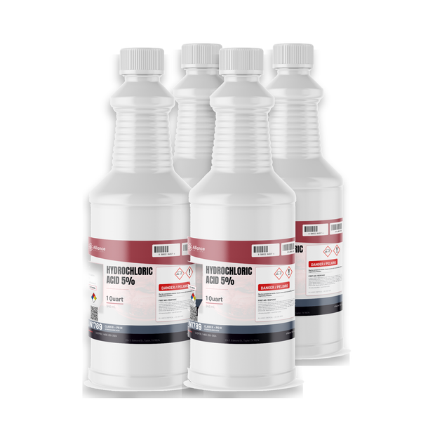 Hydrochloric Acid 5% Technical Grade in four 1-quart bottles for scale removal, Alliance Chemical