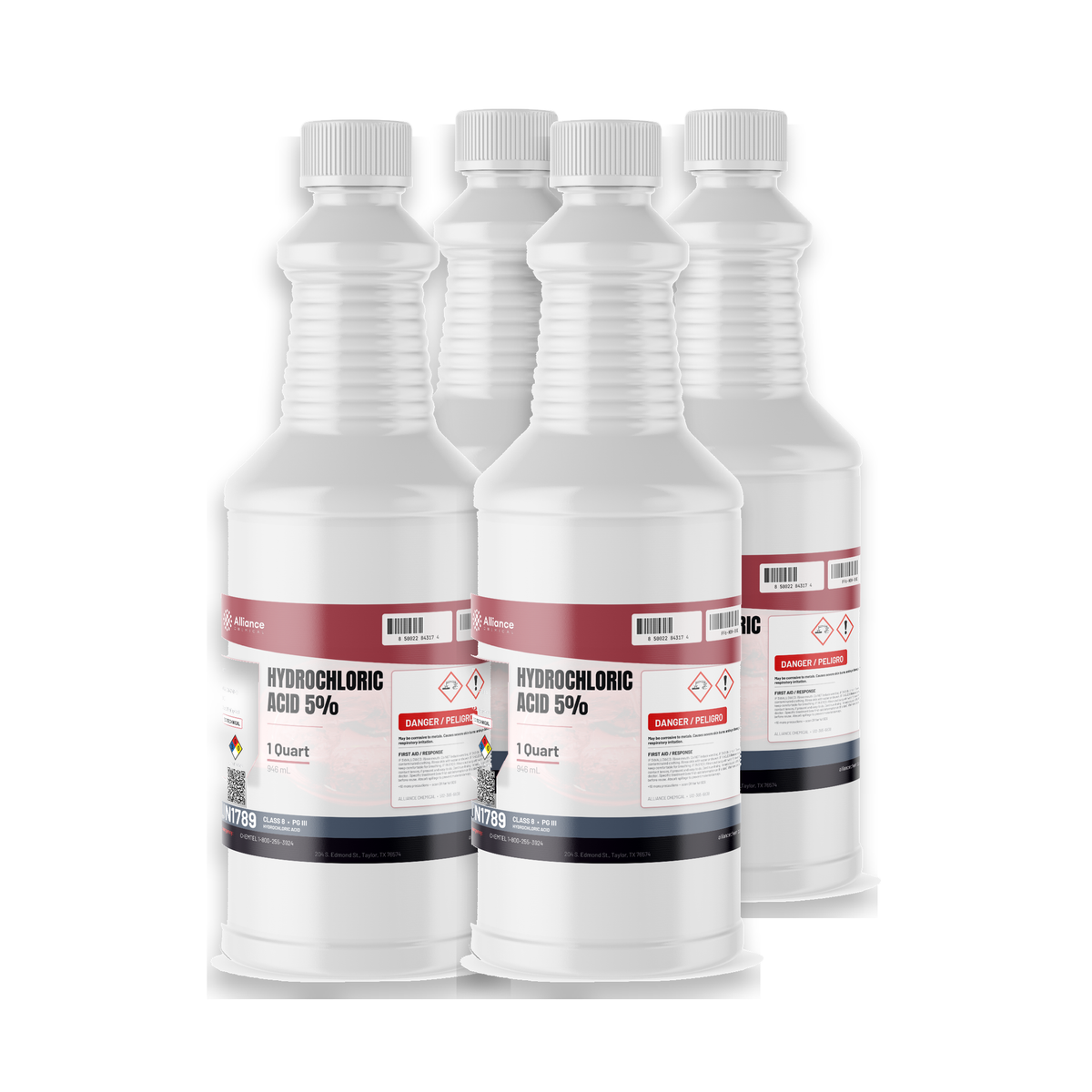 Hydrochloric Acid 5% Technical Grade in four 1-quart plastic bottles, Alliance Chemical