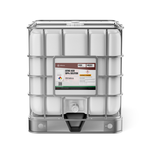Citric Acid 50% Solution in a 330-gallon IBC tote for industrial descaling from Alliance Chemical
