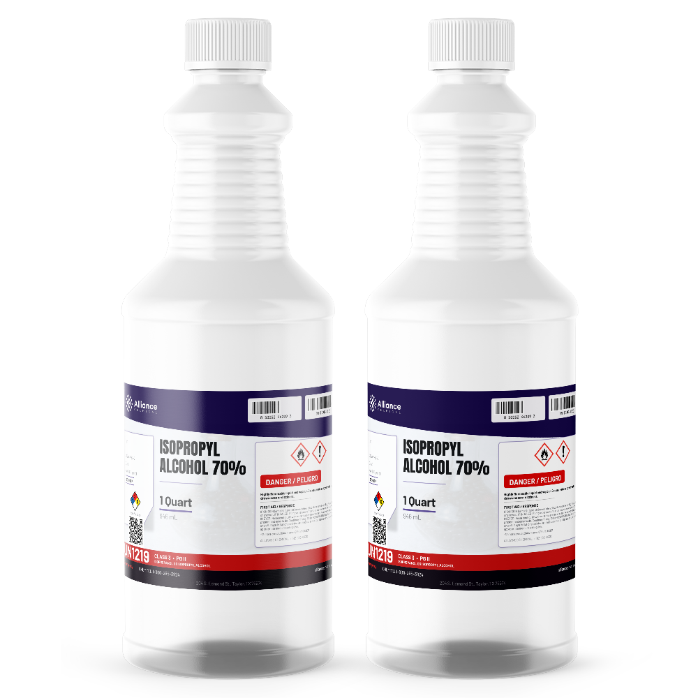 Isopropyl Alcohol 70% USP Grade in two 1-quart bottles from Alliance Chemical for surface prep solutions