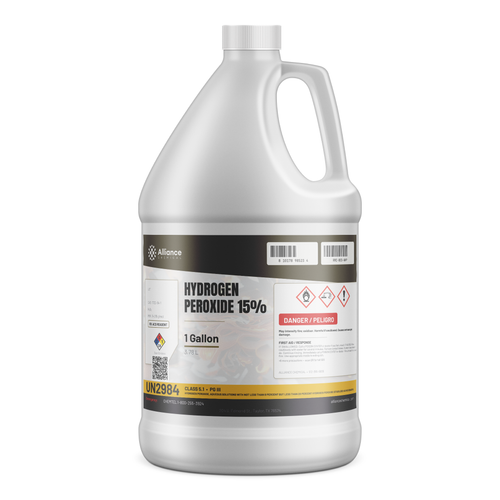 Hydrogen Peroxide 15% ACS Reagent Grade in a 1-gallon plastic jug, Alliance Chemical